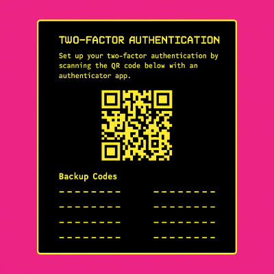 Two-factor authentication setup screen with QR code and backup codes for enhanced account security
