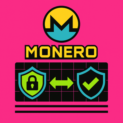 Monero cryptocurrency logo with privacy shield icons and transaction anonymization features displayed