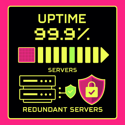 Server uptime monitoring dashboard showing 99% availability statistics and redundant server infrastructure