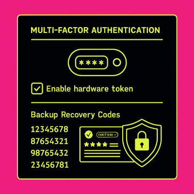 Multi-factor authentication setup screen with hardware token integration and backup recovery codes
