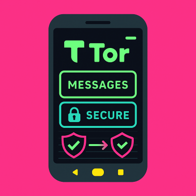 Mobile application interface showing Tor-enabled smartphone app with dark theme and secure messaging features