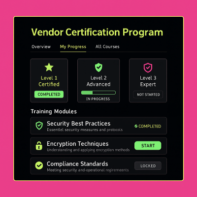 Vendor certification program dashboard showing training modules, security requirements, and certification levels