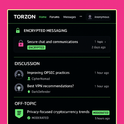 Community forum interface with encrypted messaging, anonymous profiles, and moderated discussion threads