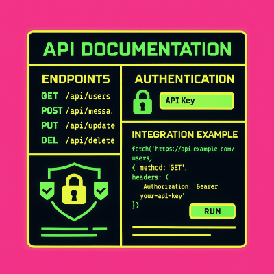 API documentation interface showing endpoints, authentication methods, and integration examples for developers