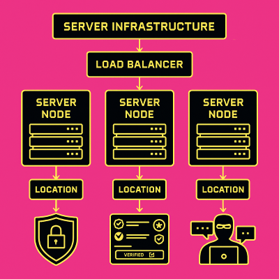 Server infrastructure diagram showing distributed nodes, load balancing, and redundant systems across multiple geographic locations